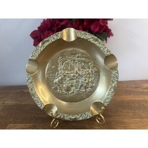 Vintage Solid Brass Ashtray Tavern Scene Embossed Figural Round Trinket Dish
